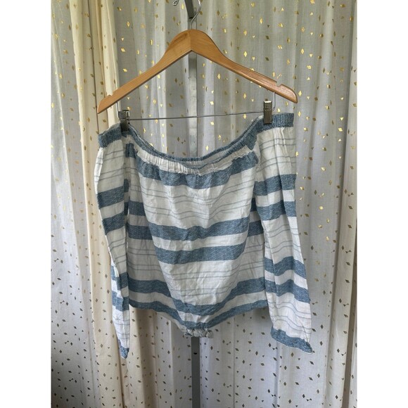 Roxy Women's 100% Cotton Striped Off Shoulder Tie Front Semi Sheer Top L - Picture 4 of 8